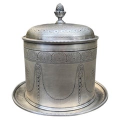 19th Century English Round Silvered Plated Biscuit Box, Artichoke Finial, Marked