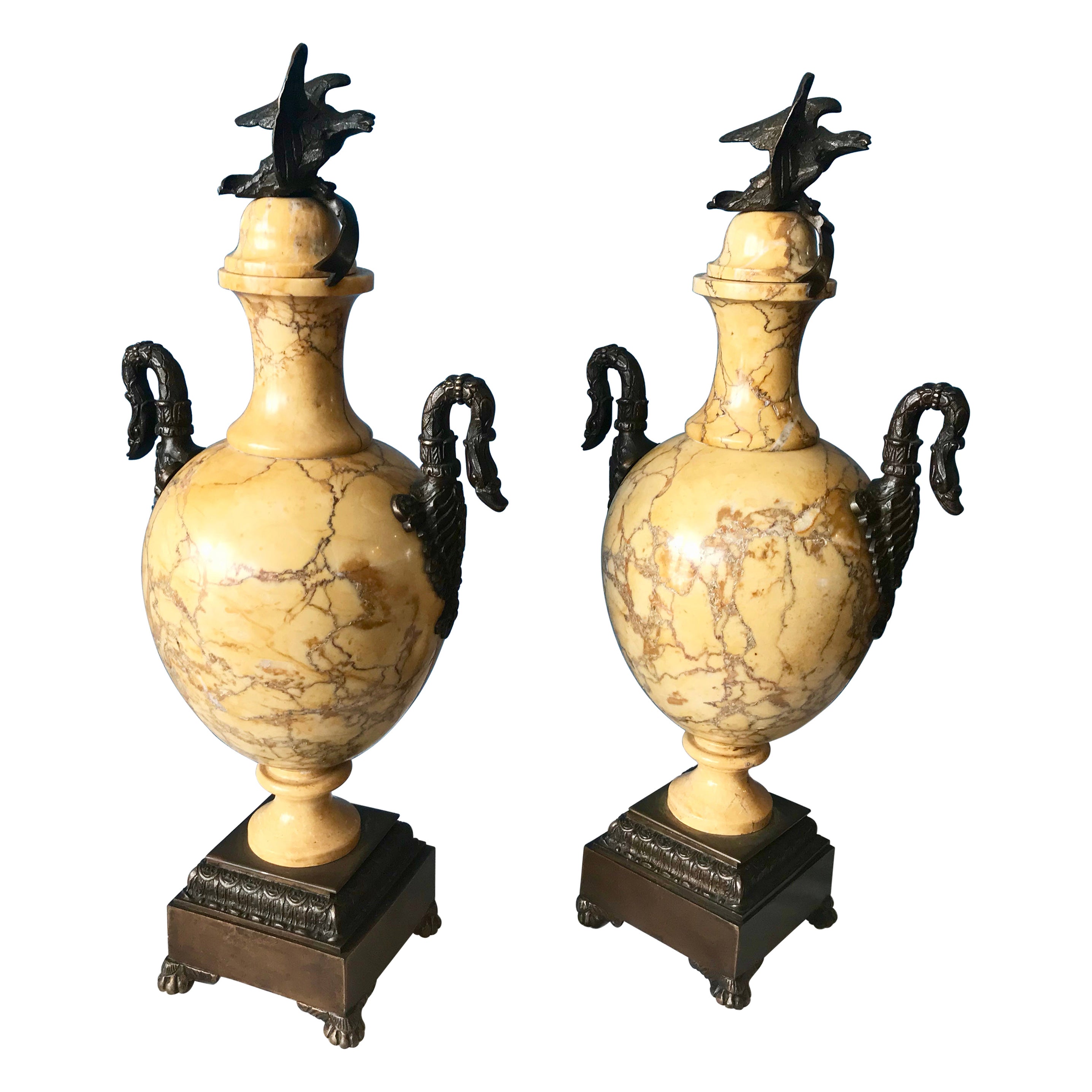 Pair of 19th Century Sienna Marble and Bronze Urns For Sale