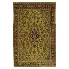 Hand Knotted Gold Cast Overdyed Persian Bibikabad Vintage Worn Down Wool Rug