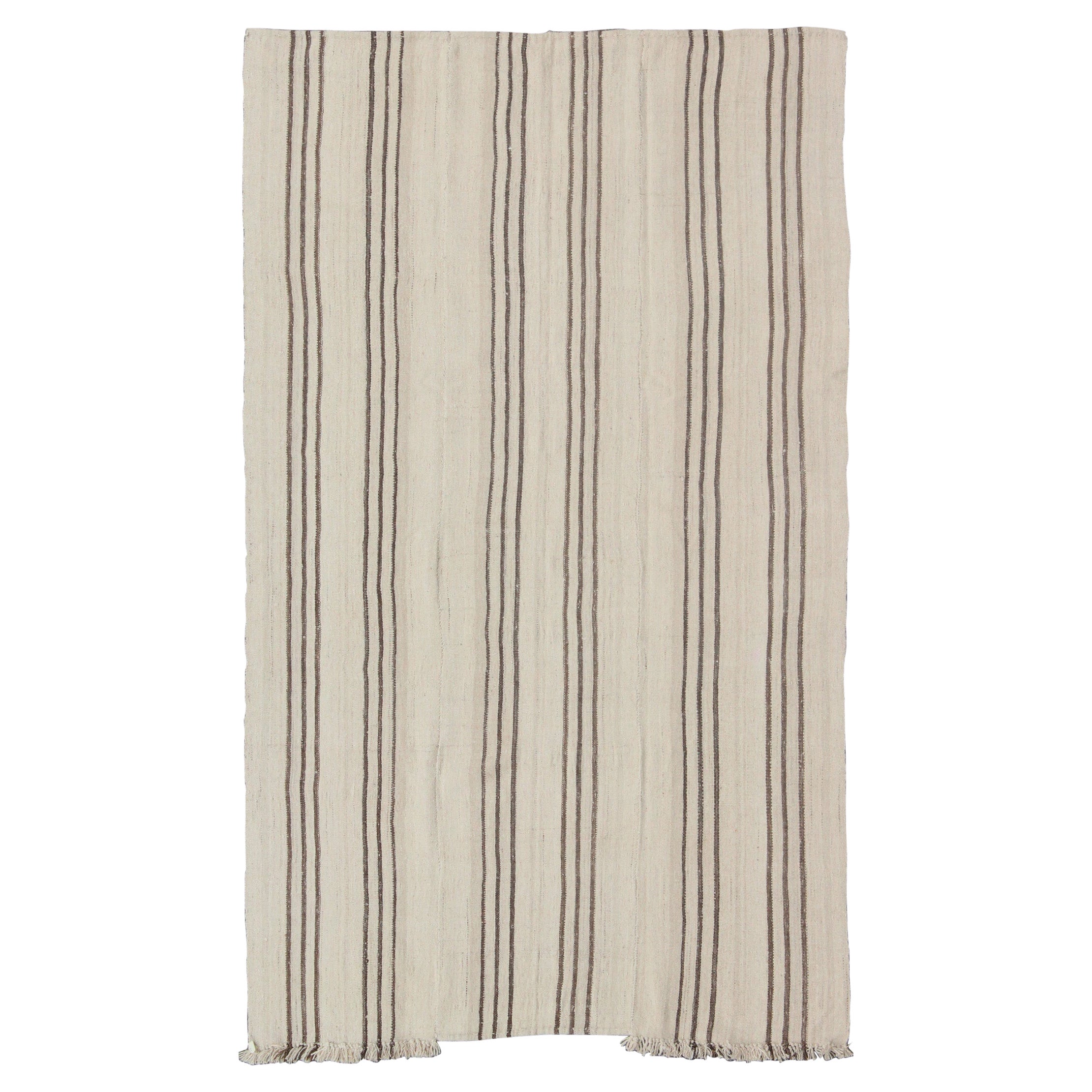 Striped Turkish Vintage Kilim Flat-Weave Rug in Shades of Browns and Ivory