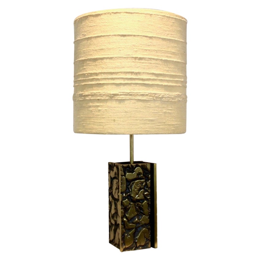 Stunning Brutalist Metal Sculptured Table Lamp with Raw Woolen Structured Shade For Sale