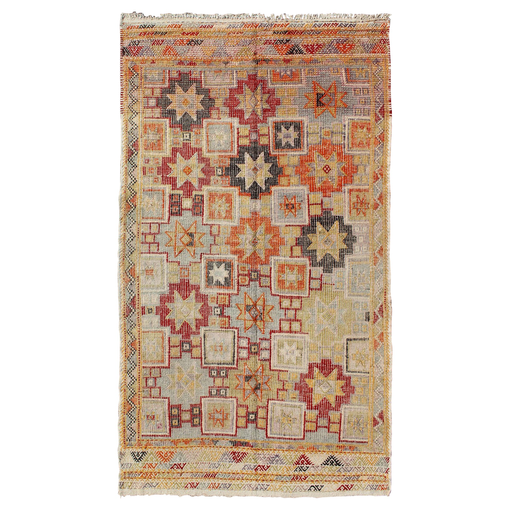 Colorful Vintage Turkish Flat-Weave Tribal Modern Kilim with Embroideries For Sale