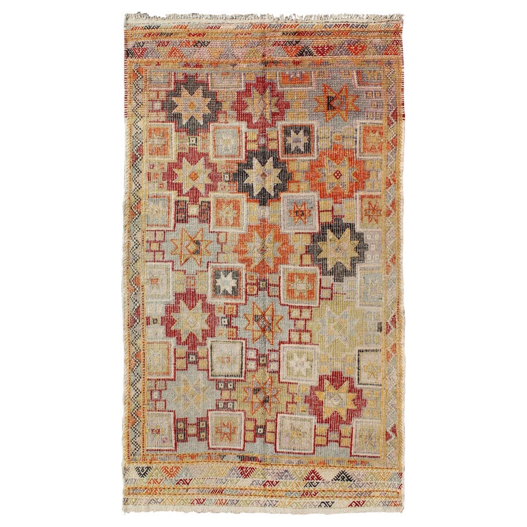 Tapis Kilim Turc Vintage 2x11 - Laine Tissée Main Années 70 - Design Bohème Multicolore