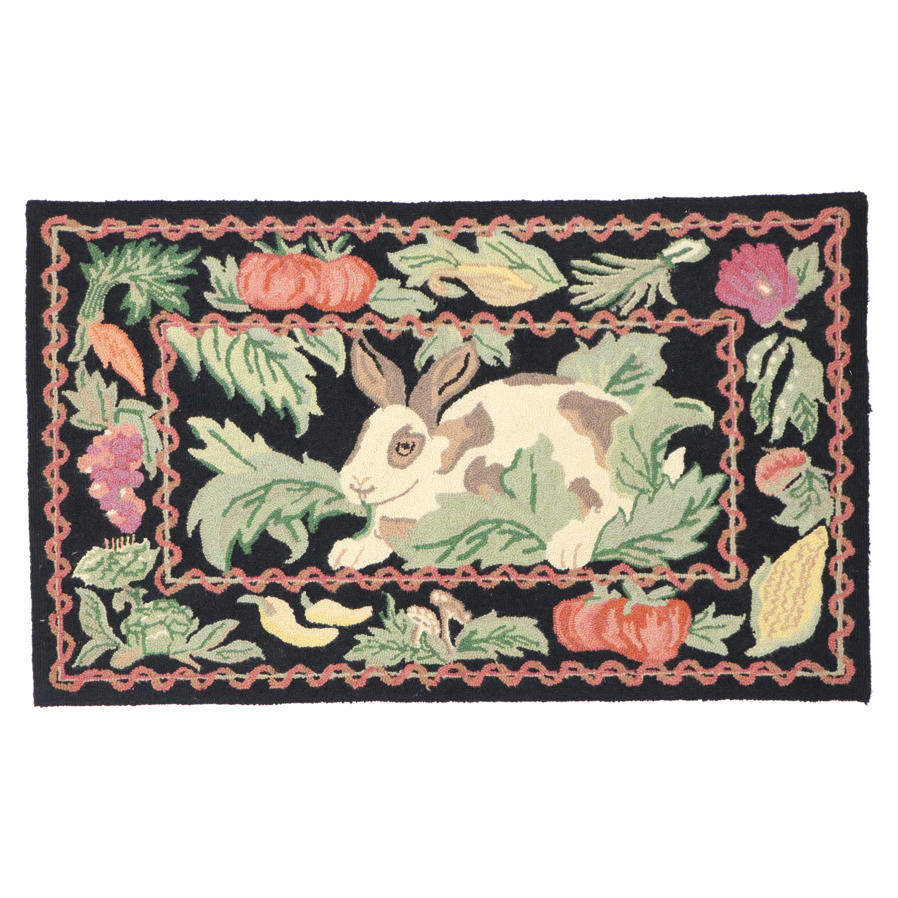 Vintage Garden Rabbit Hooked Rug with French Country Cottage Style For Sale