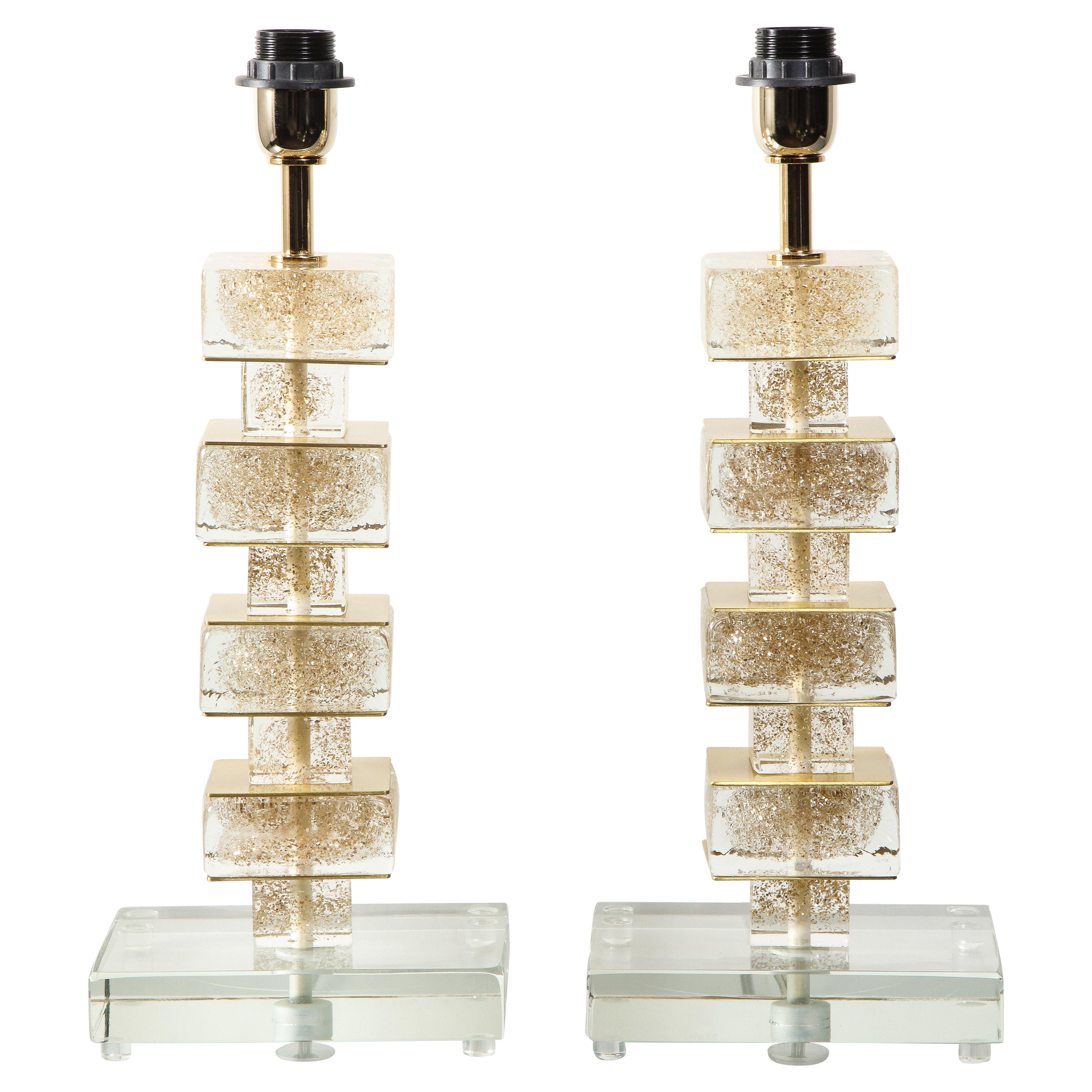 Pair of Custom Gold Infused Murano Glass Cubist Table Lamps