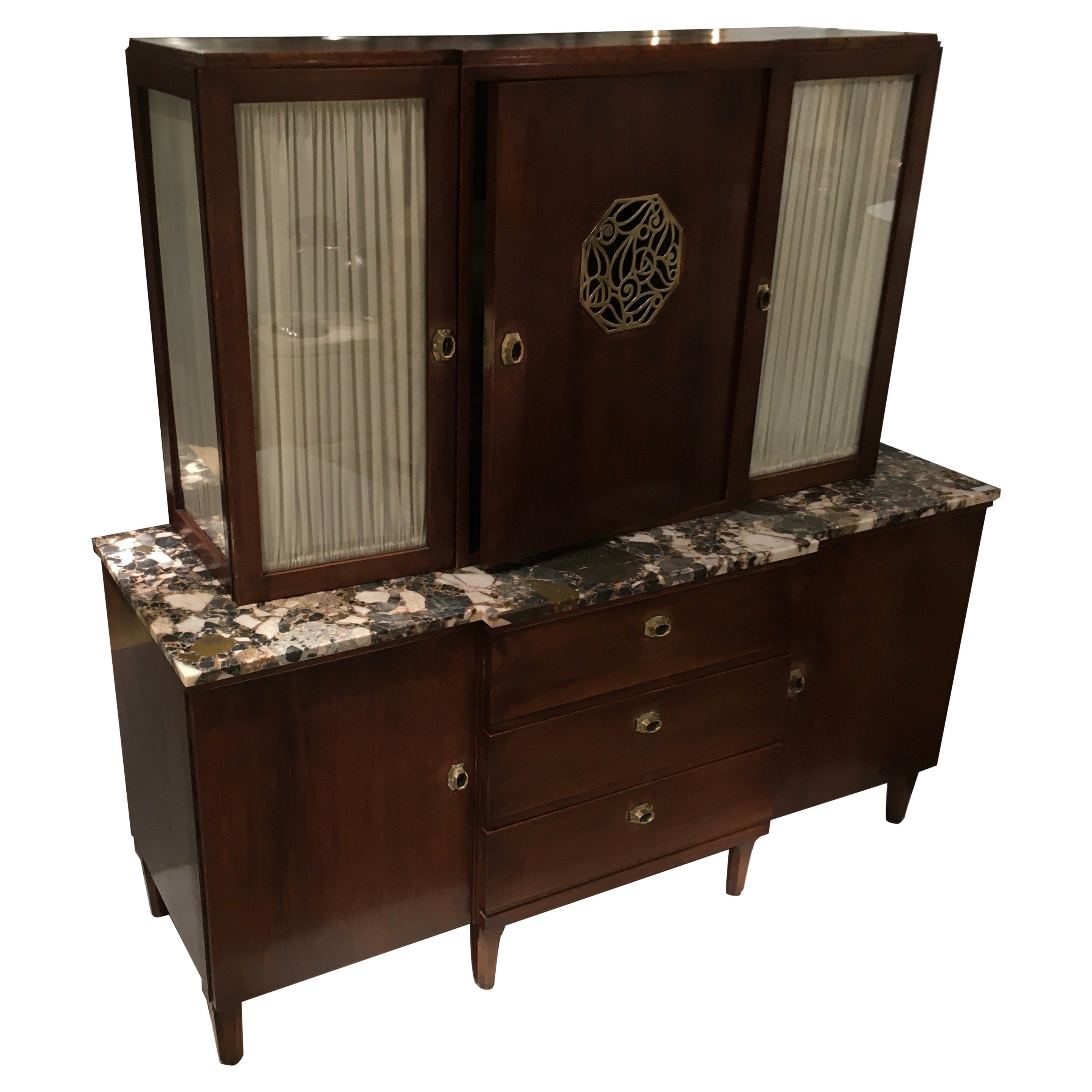 Art Deco Oak Sideboard With A Marble Top and Display Cabinet, Vienna 1920