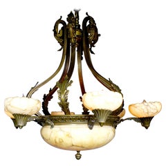 Large French Early 20th Century Art-Deco Bronze and Carved Alabaster Chandelier