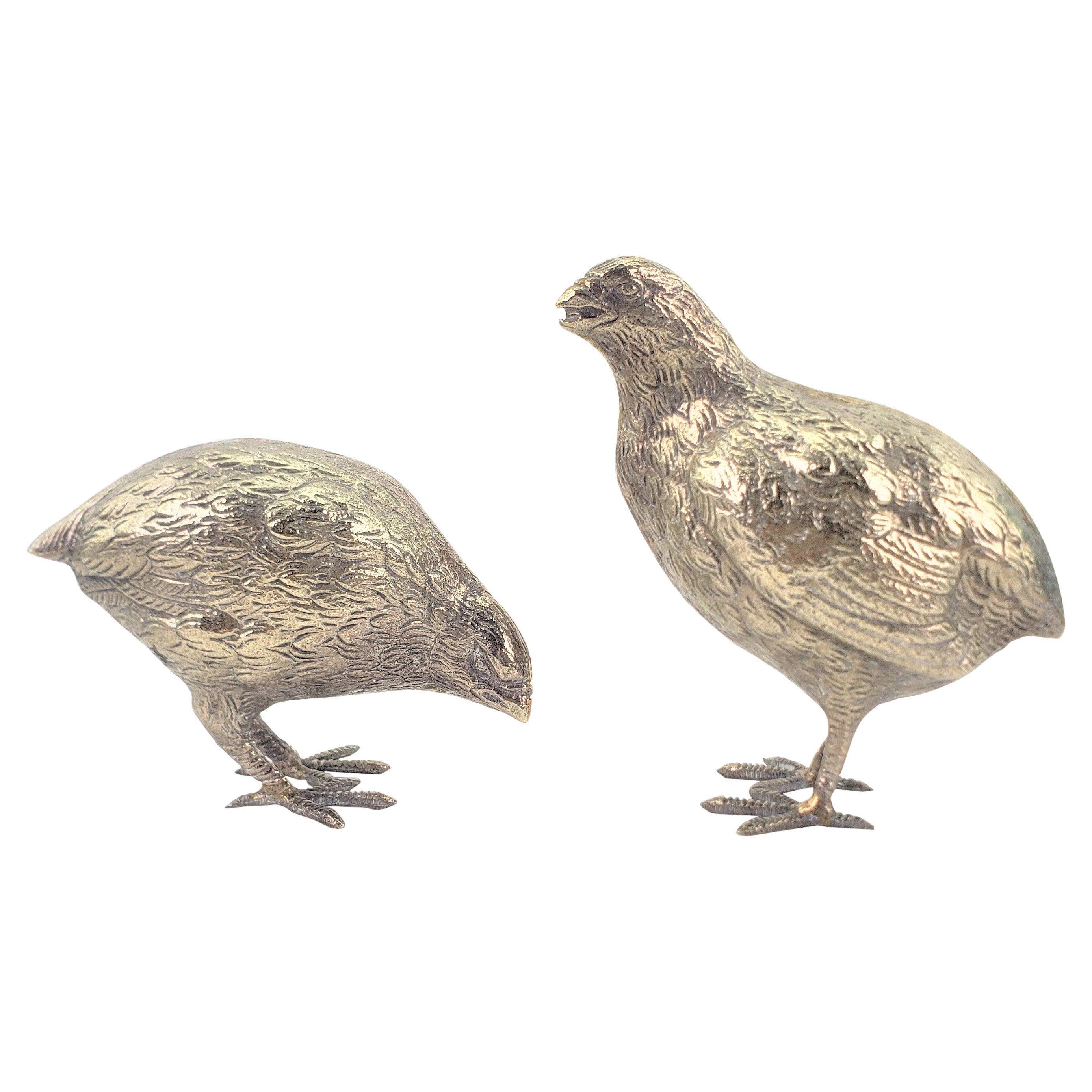 Pair of Antique Silver Plated Quail or Game Bird Decorative Sculptures
