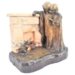 Antique Signed Bronze & Marble Lighted Table Sculpture of a Fireside Vignette