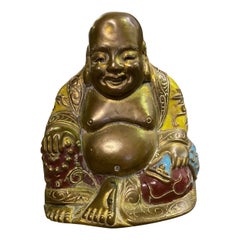 Chinese Laughing Polychrome Hand Painted Sitting Temple Shrine Buddha