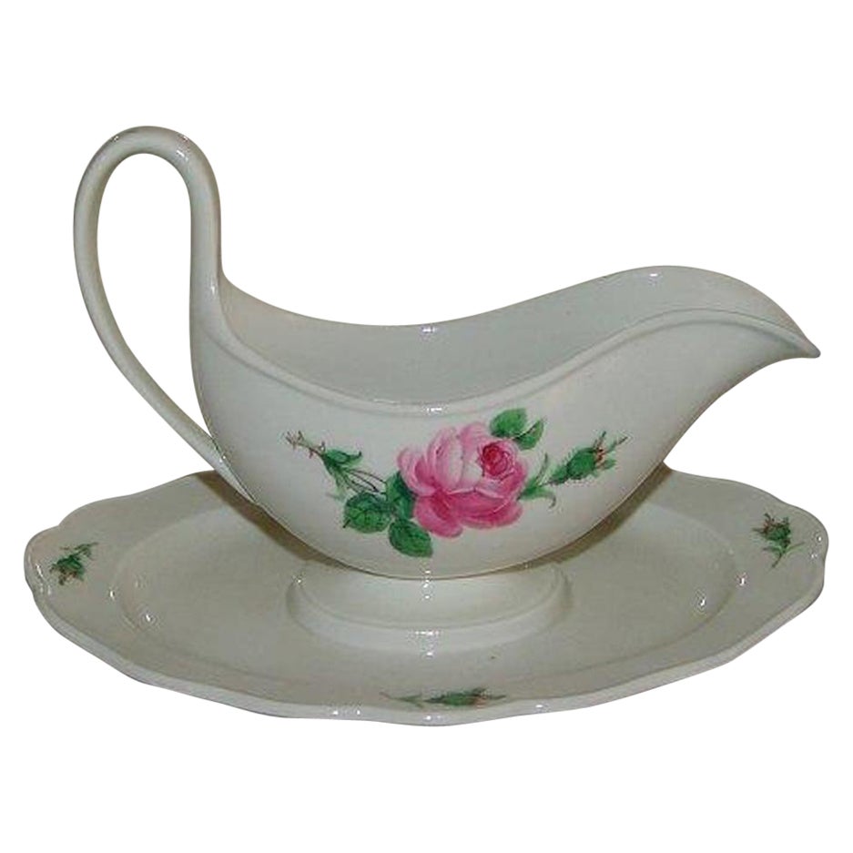 Meissen Porcelain Gravy Pitcher with Underplate Rose Design For Sale