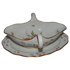 Meissen Porcelain Gravybowl w/under Plate with Flower Design