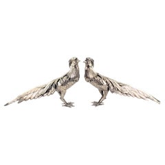 Pair of Antique Silver Plated Decorative Exotic Bird or Pheasant Sculptures