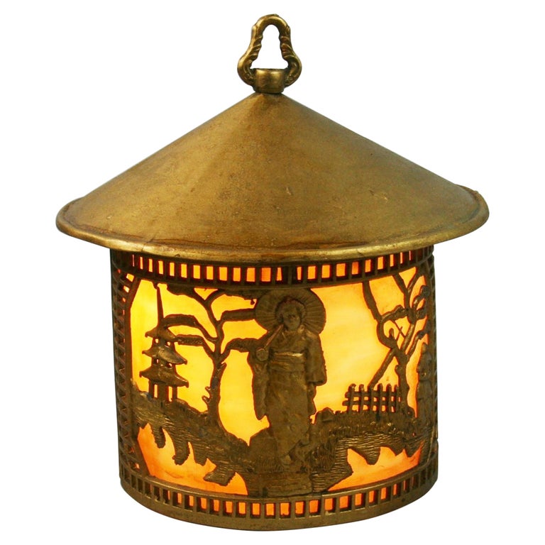 Japanese Garden Scene Lantern with Bent Glass For Sale