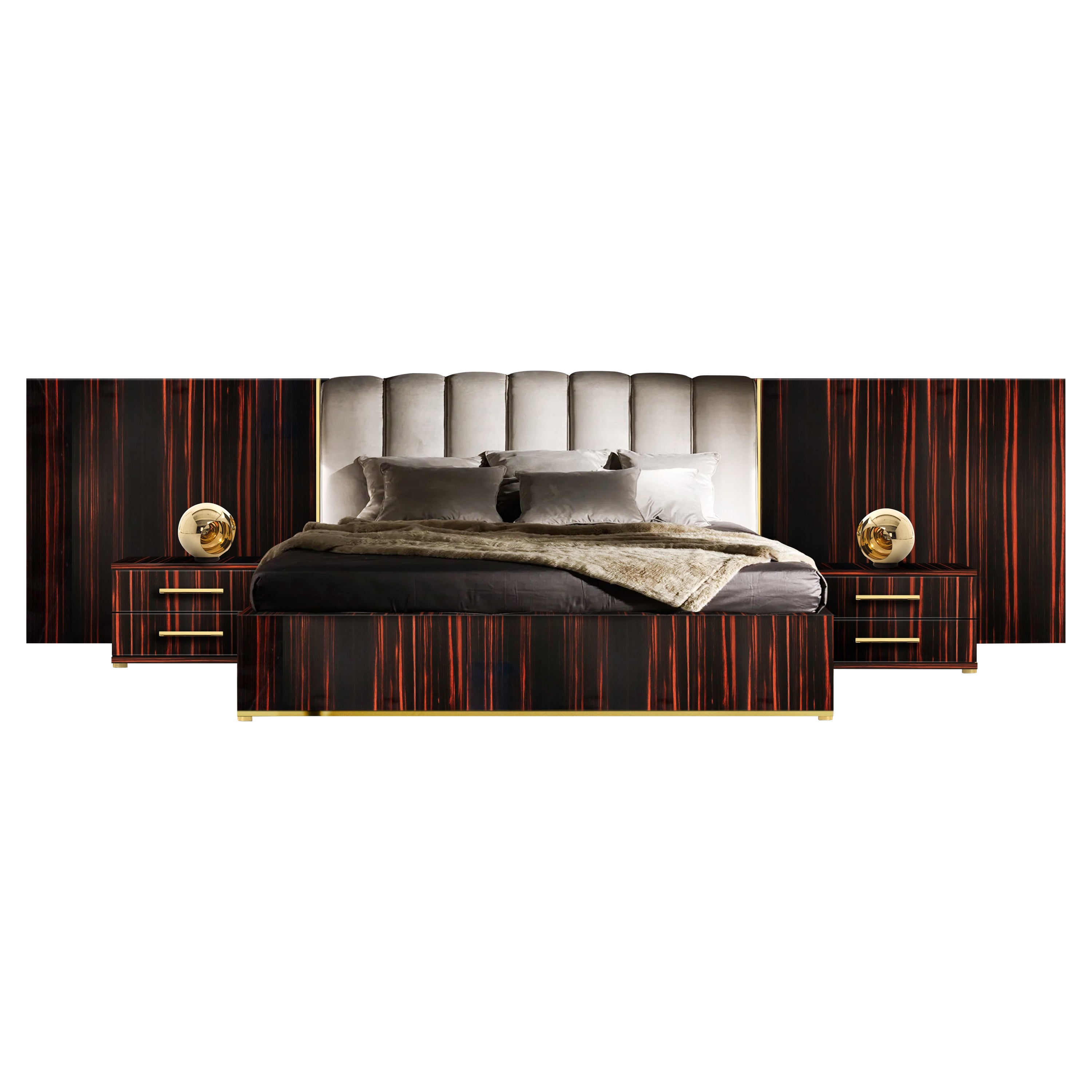 Contemporary Poseidon Bed with Nightstands, Ebony Veneer, Brass, Velvet For Sale