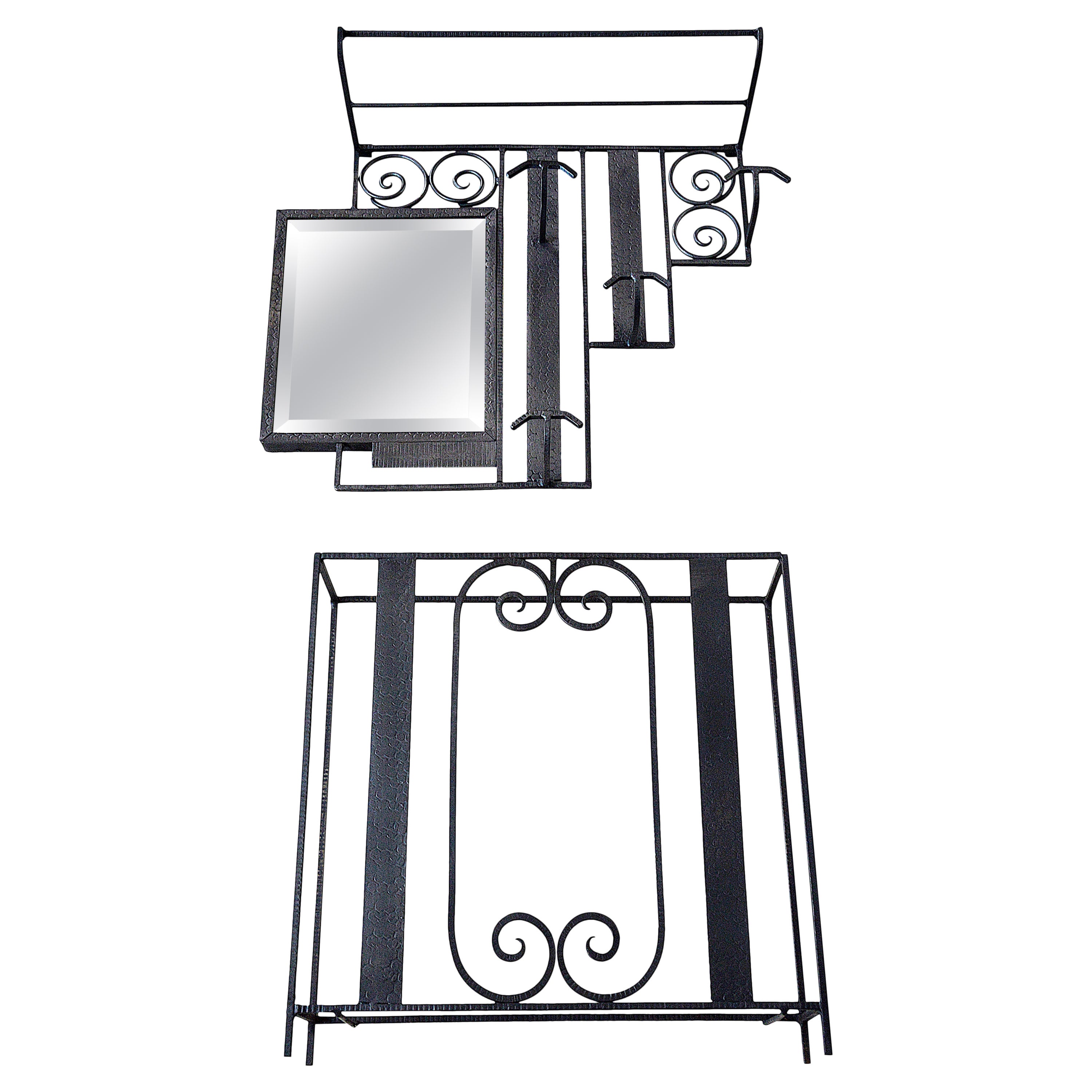 French Art Deco Wrought Iron and Mirror Coat Peg, and Umbrella Stand, 1930s