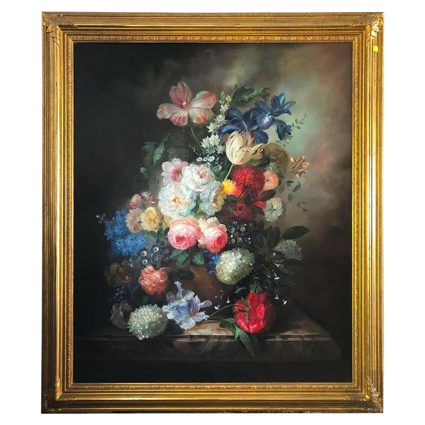 Blumenstrauß mit Schnitzereien Stillleben, signiert von S.Pecora, 20. Jahrhundert