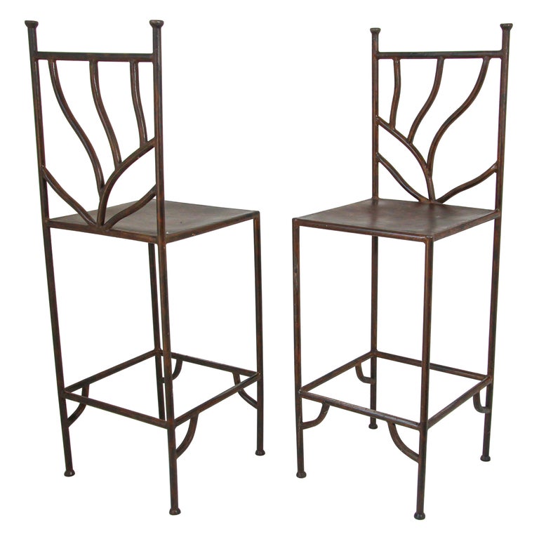 Vintage Wrought Iron Barstools with Back Set of Two Spanish Revival For Sale at 1stDibs