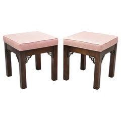 Chinese Chippendale Fretwork Square Pink Upholstered Stools Ottoman, a Pair
