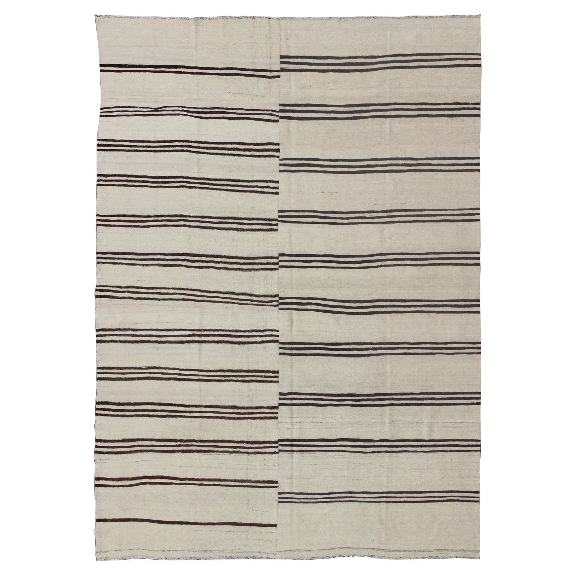 Large Two Paneled Vintage Turkish Striped Kilim Rug in Cream, Black and Brown