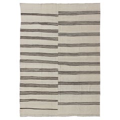 Large Two Paneled Vintage Turkish Striped Kilim Rug in Cream, Black and Brown