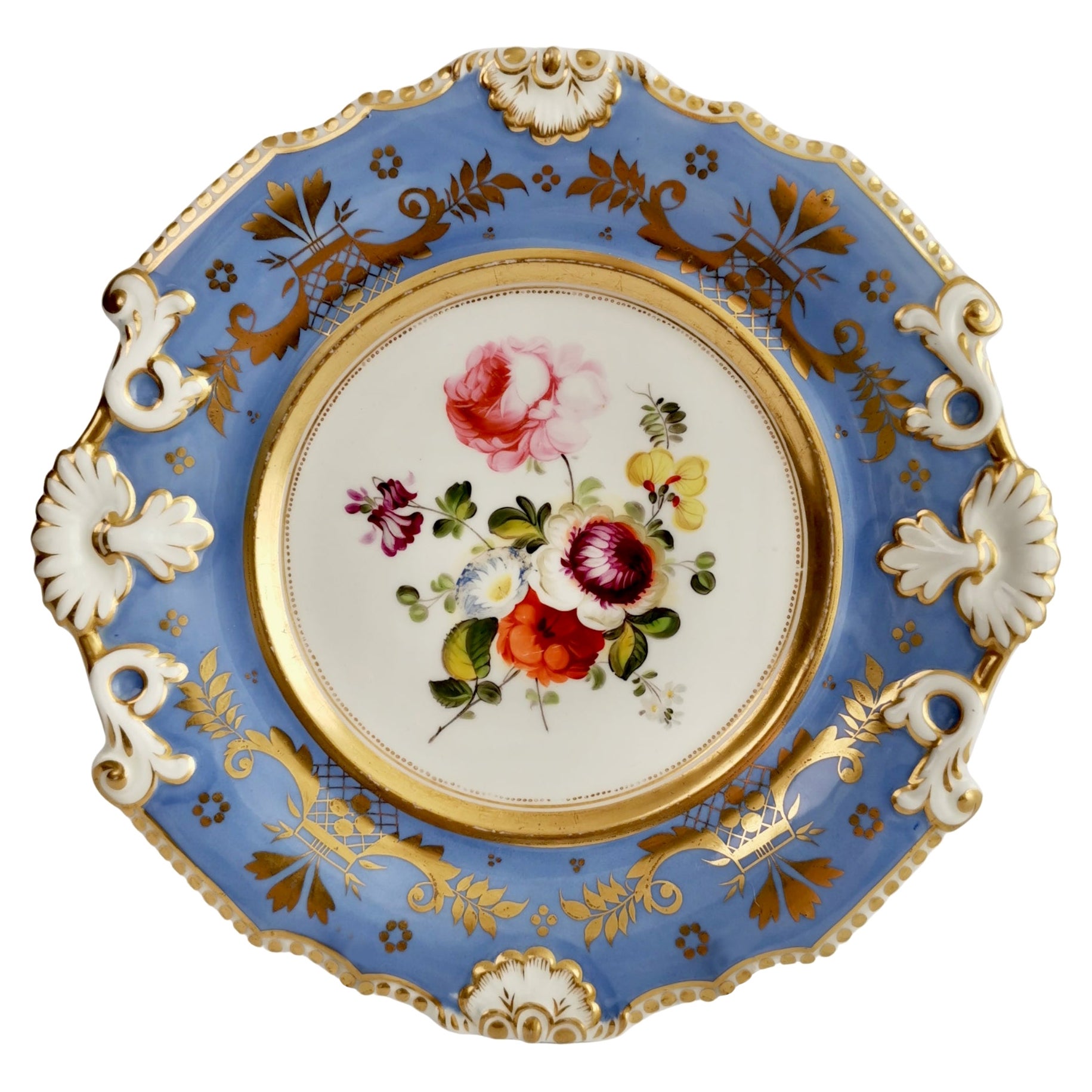 Machin Porcelain Plate, Periwinkle Blue with Flowers, Regency ca 1820