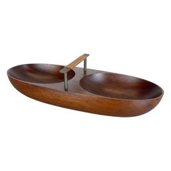Large Teak Bowl with Brass and Leather Handle by Carl Auböck, Austria, 1950s
