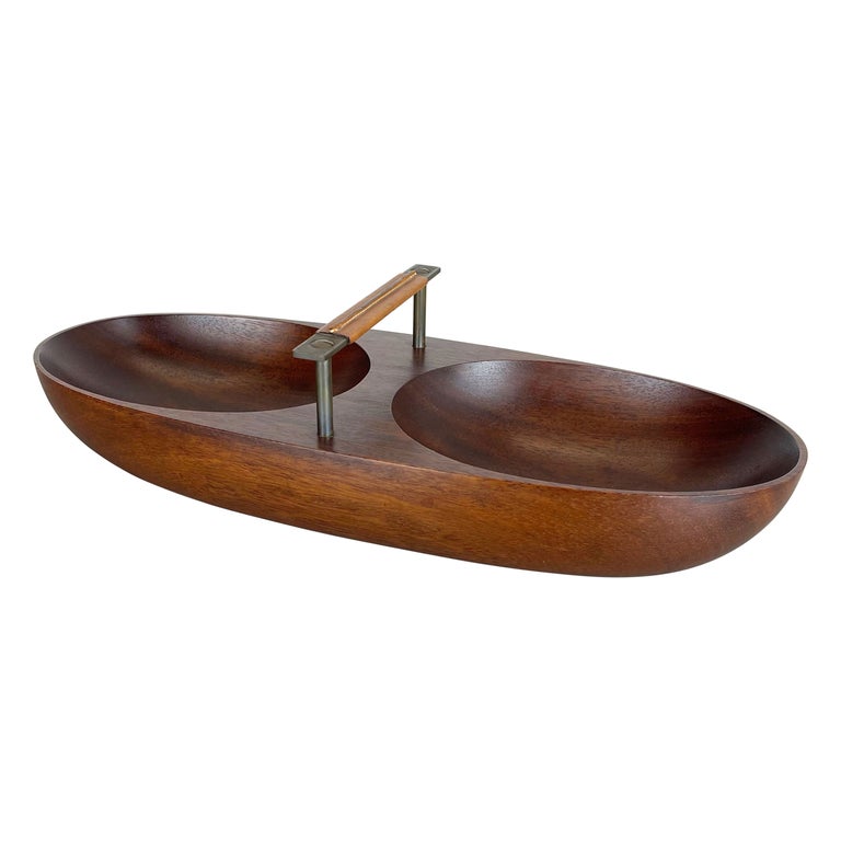 Large Teak Bowl with Brass and Leather Handle by Carl Auböck, Austria, 1950s For Sale