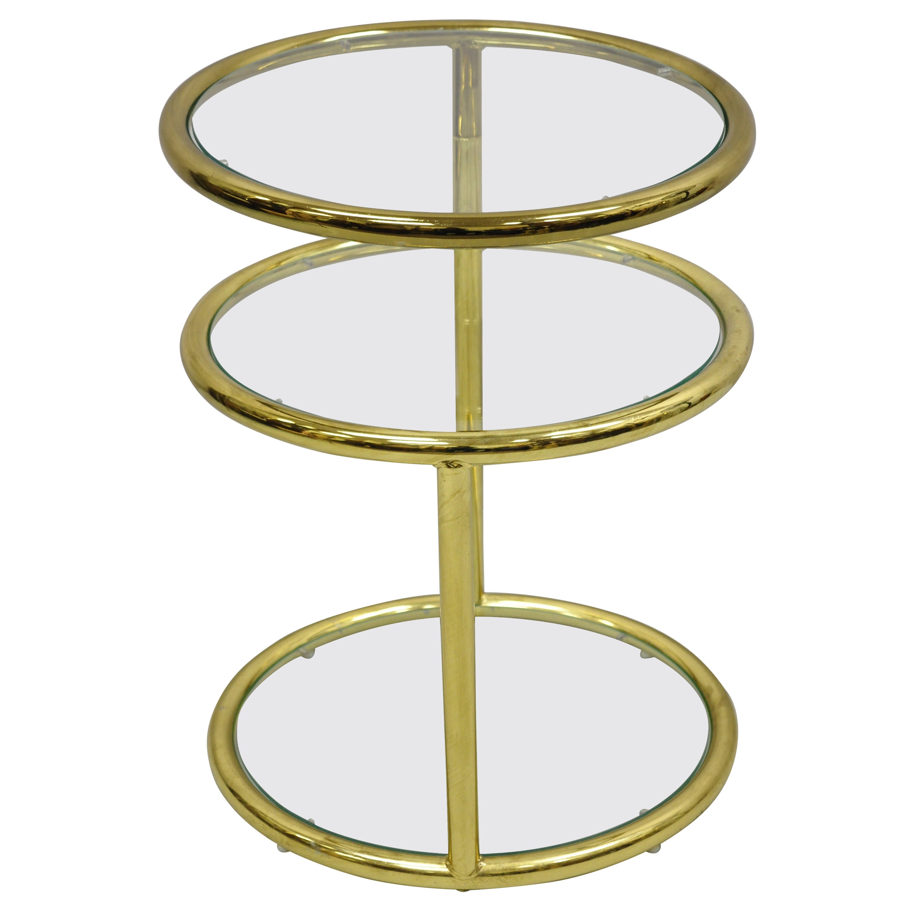 Mid-Century Modern Brass Frame 3 Tier Swivel Milo Baughman Round Side Table