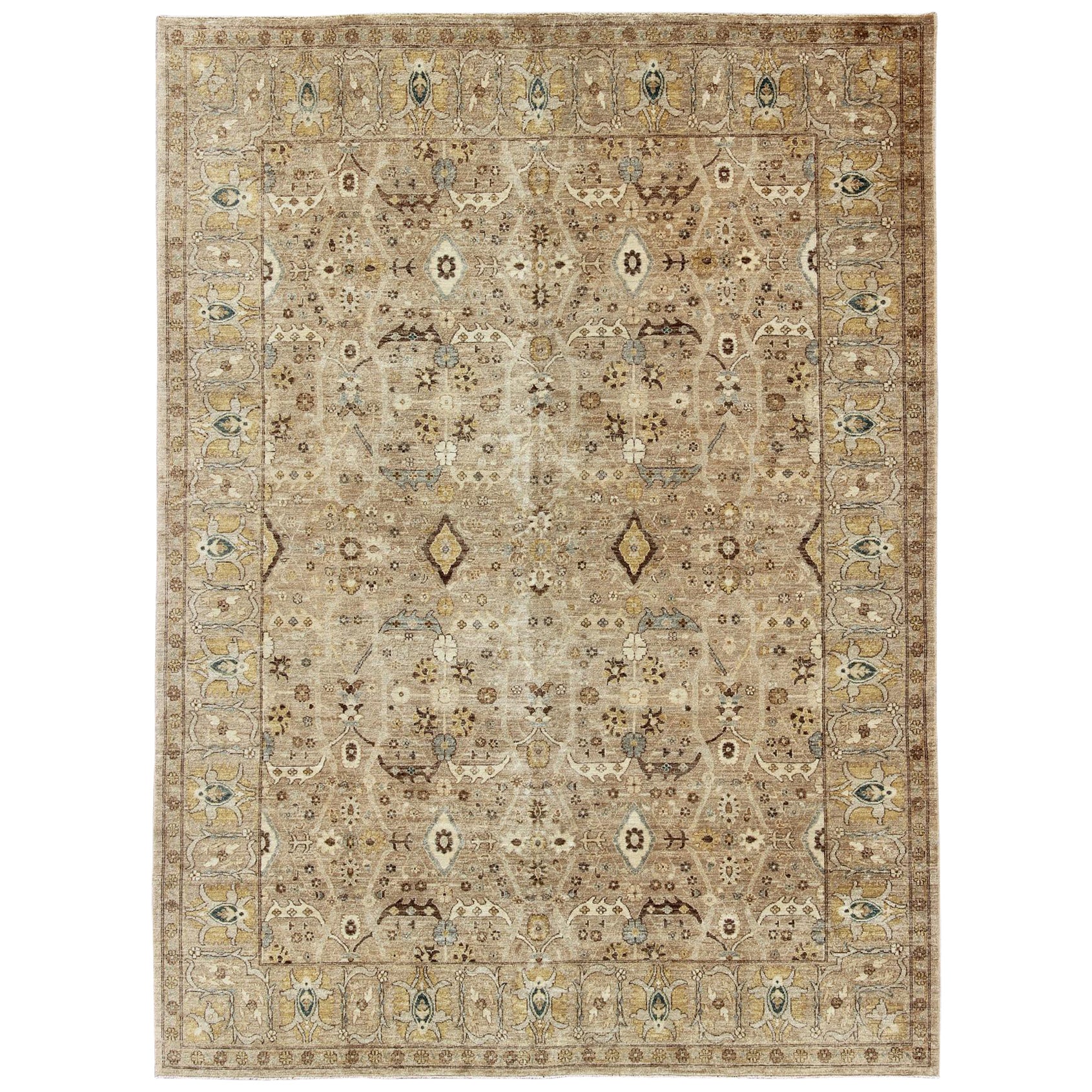 Modern Tabriz Design Fine Rug in Camel Background, Light Brown, Lt. Blue, Yellow