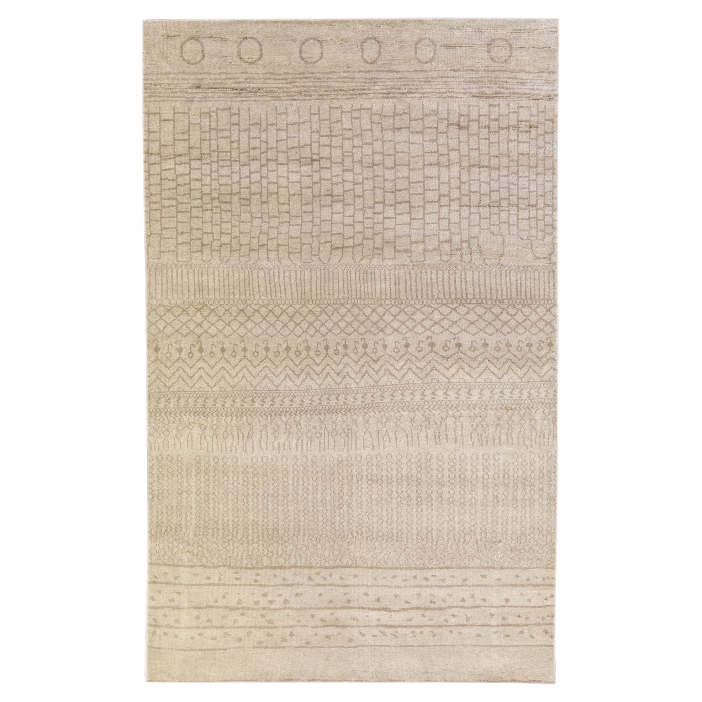 Modern Moroccan Style Handmade Designed Beige Wool Rug