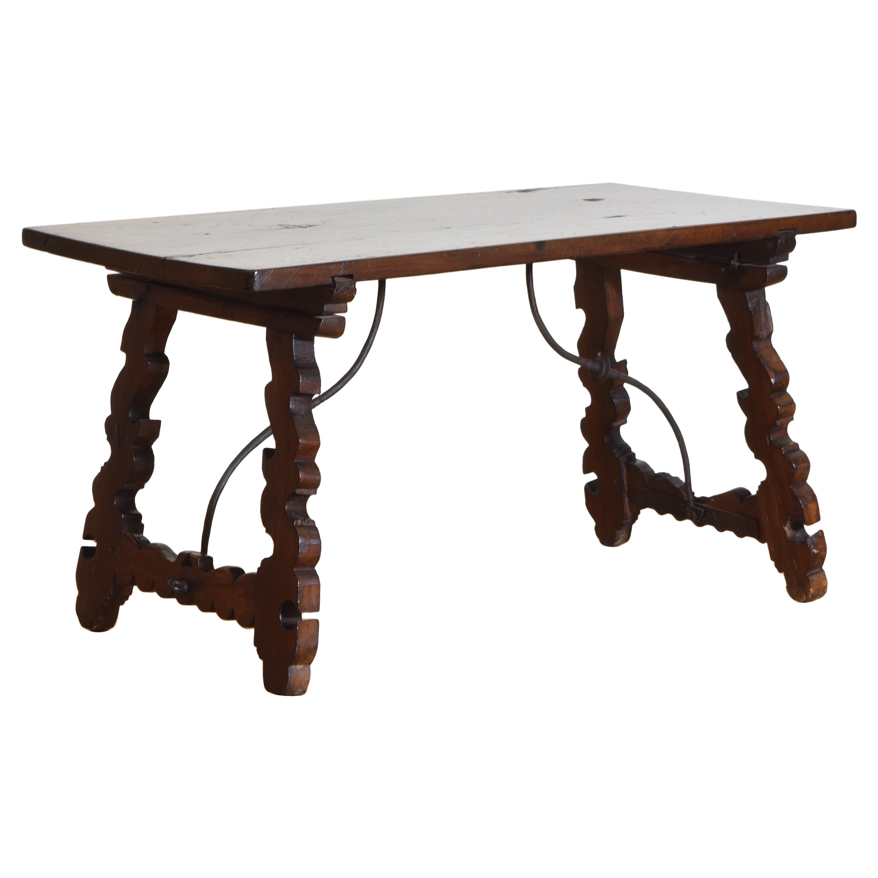 Italian Baroque Style Carved Walnut and Wrought Iron Trestle Coffee Table