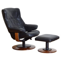 Used Italian Wooden & Flat Black Leather Upholstered Reclining Armchair & Ottoman