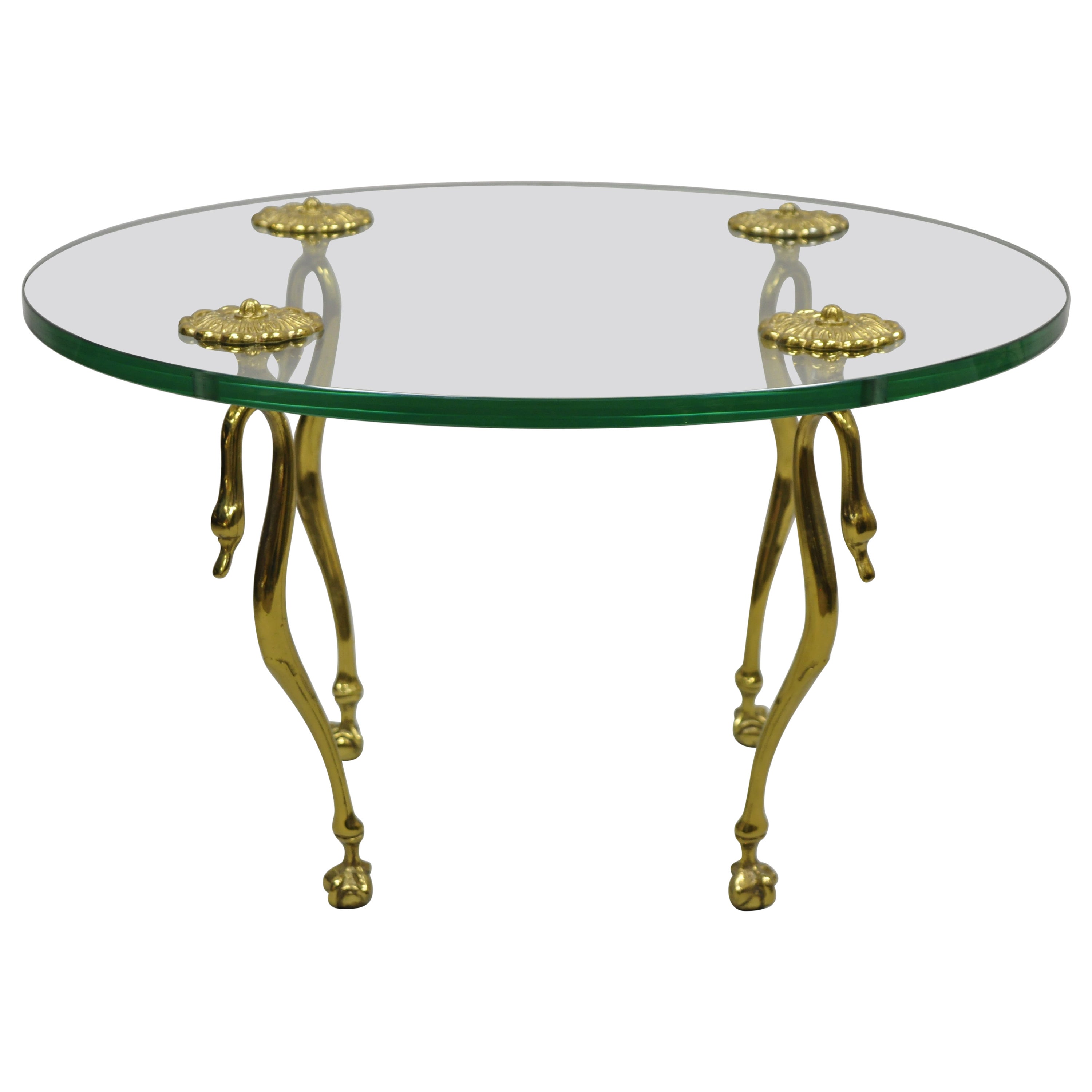 Brass and Glass Swan Leg Regency Maison Jansen Style Small Round Coffee Table For Sale