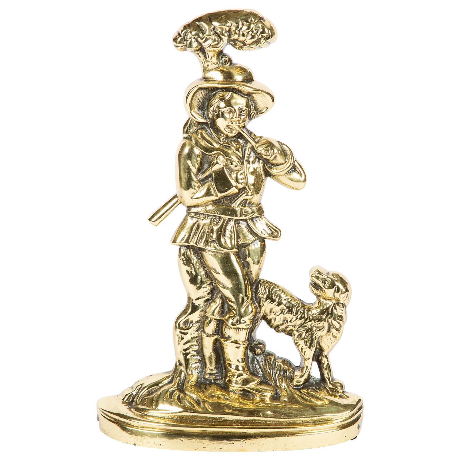 Brass Door Stop of Man with Dog For Sale