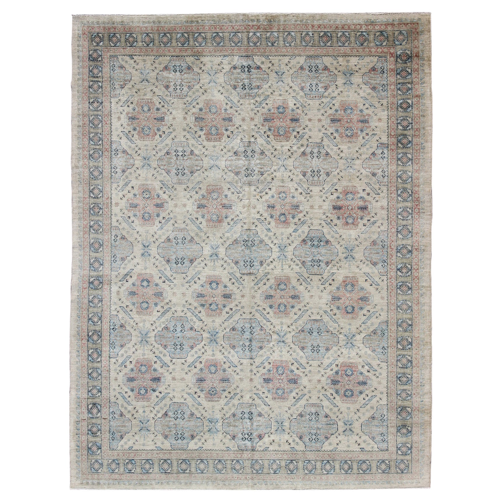  Afghan Khotan Rug with All-Over Geometric Pattern in Pink and Light Blue For Sale