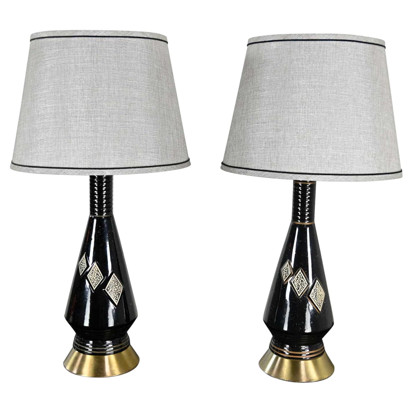 Mid-Century Modern Black Ceramic Lamps with Harlequin Style Diamond Design For Sale