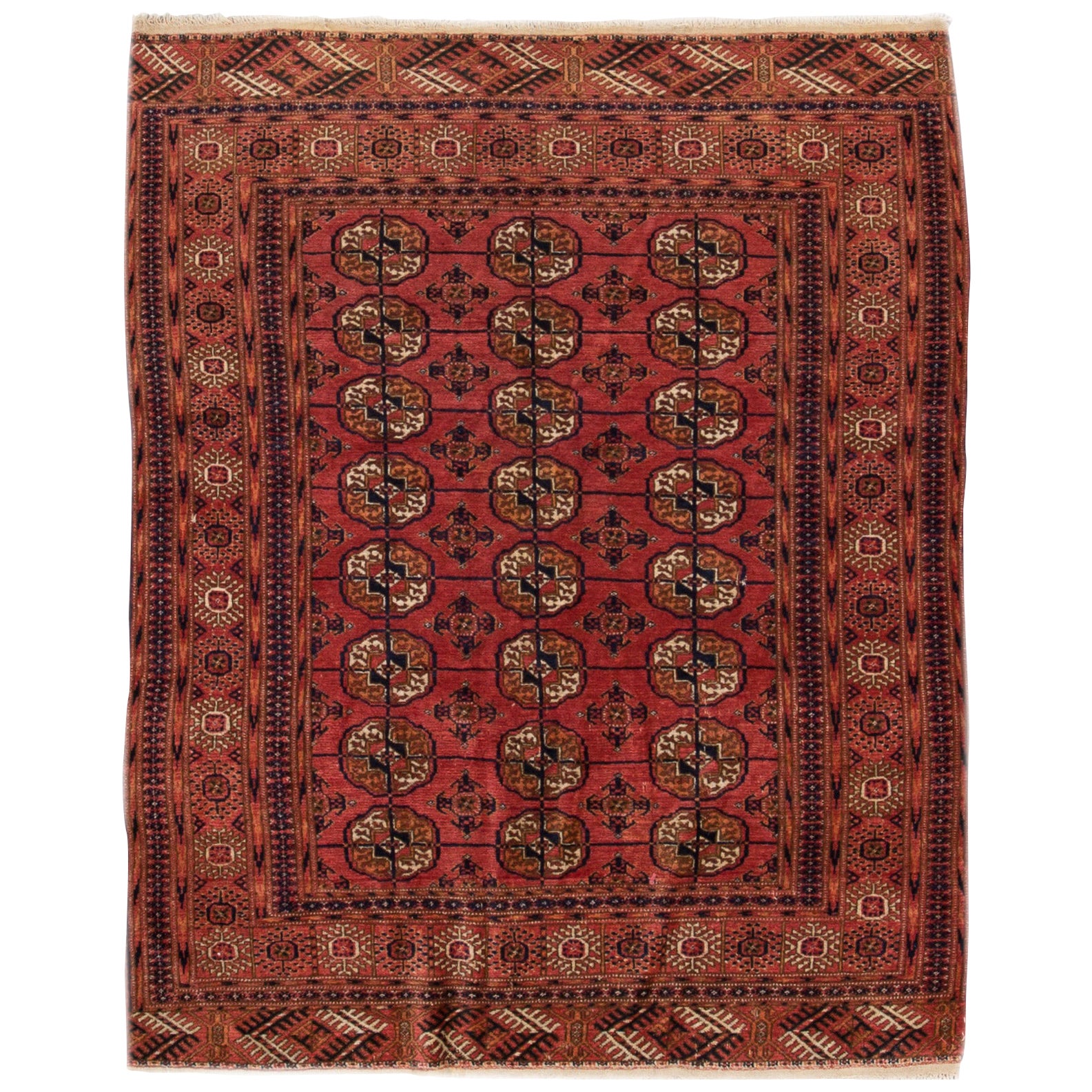 Vintage Persian Turkmen Handmade Pattern Red - Motif géométrique rouge  Tapis en laine en vente