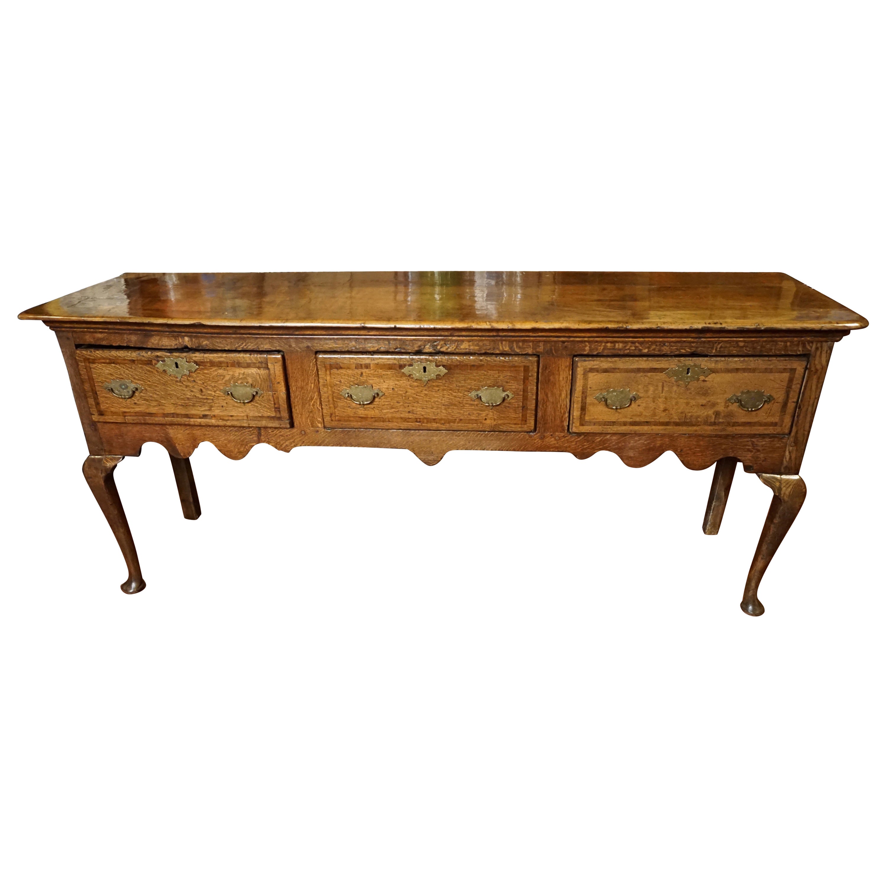 George II Oak Dresser Base with 3 Crossbanded Drawers on Cabriole Legs