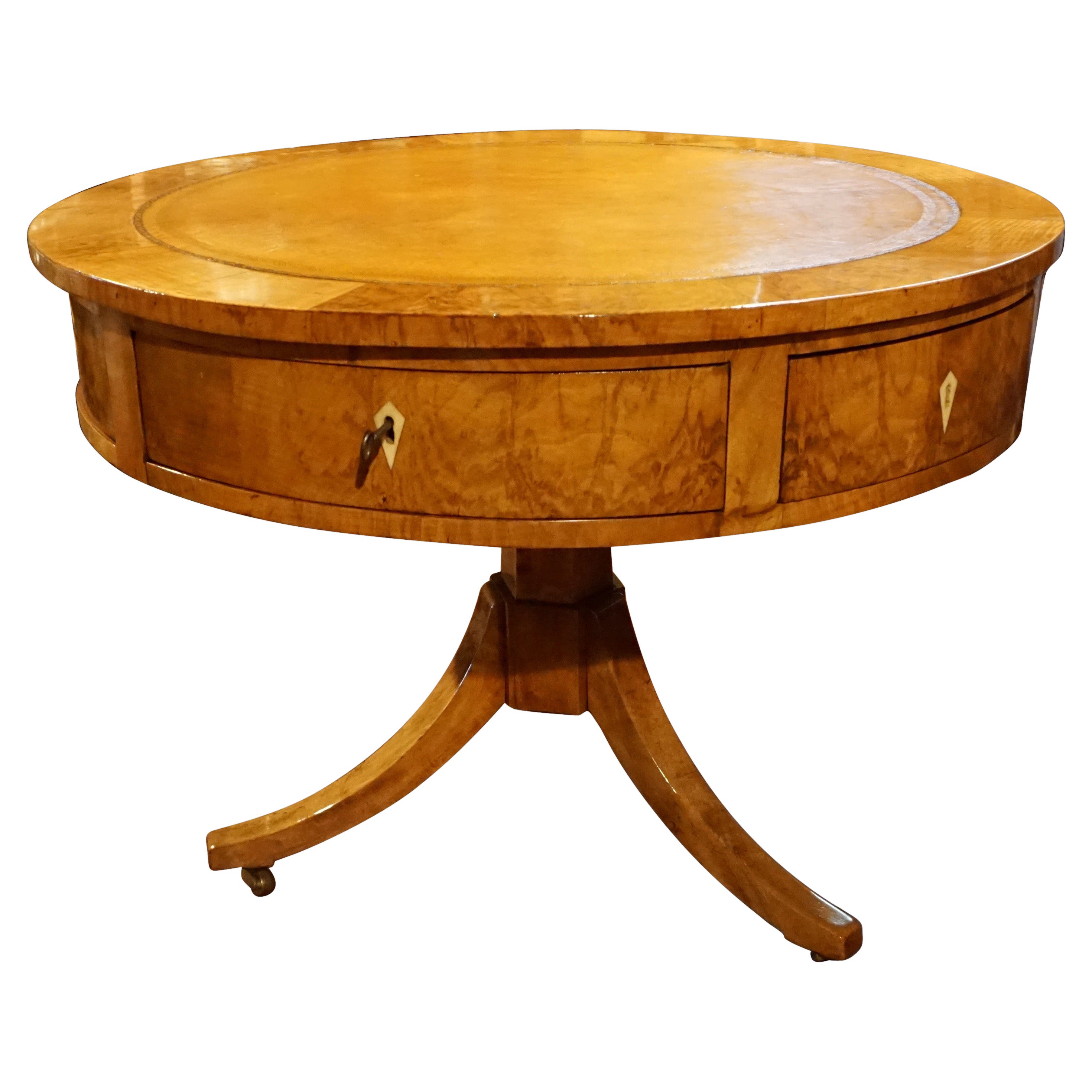 Biedermeier Fruitwood Center Table with Rotating Gilt-Tooled Leather Top
