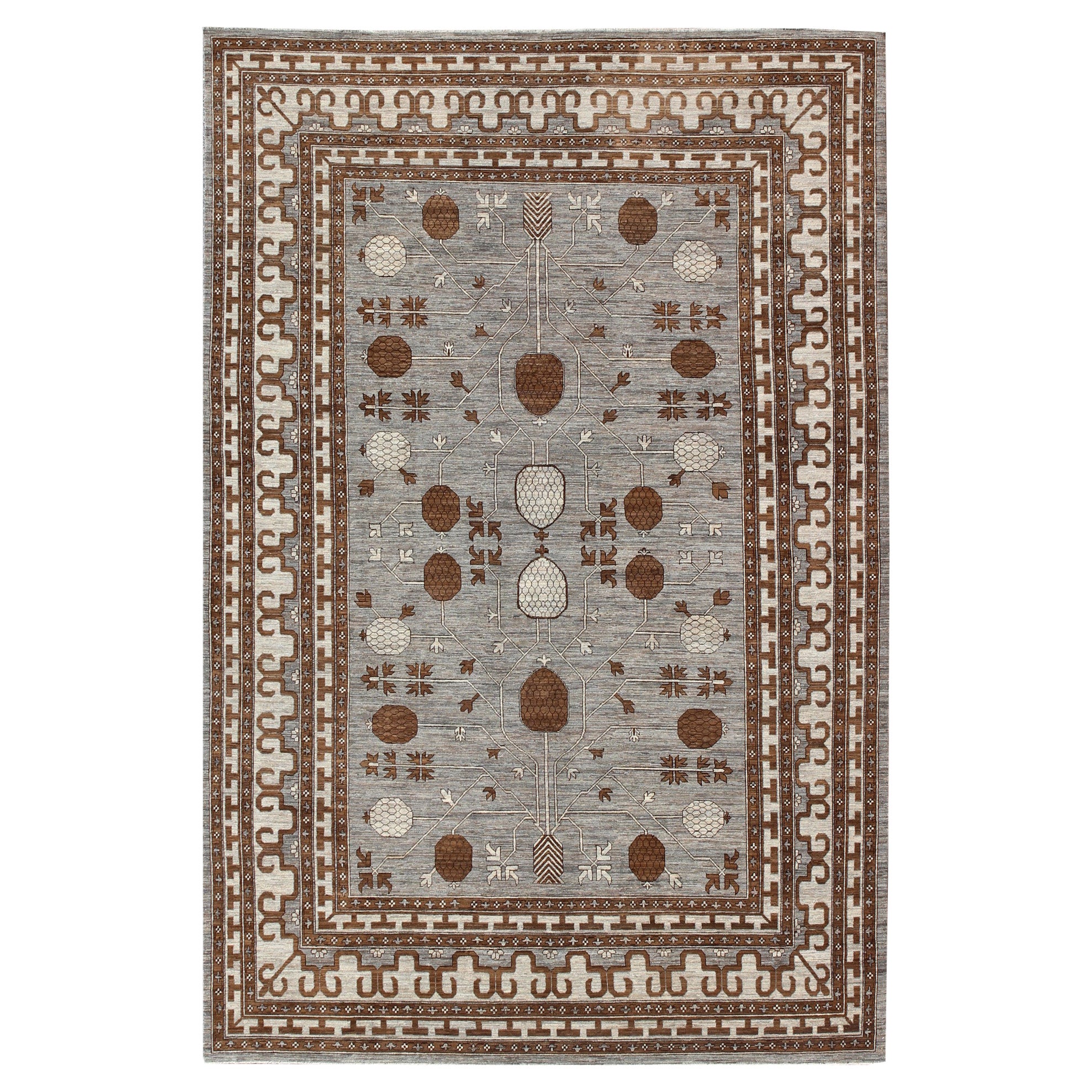Large All-Over Design Khotan Rug in Gray Background with Brown, Ivory & Taupe For Sale