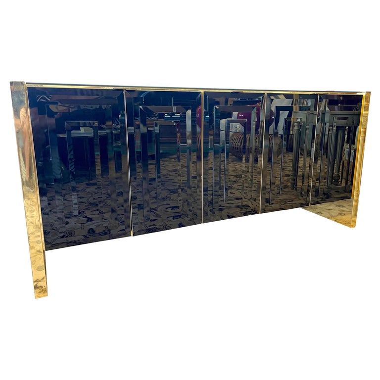 Pace Black Glass and Gold Chrome Credenza Buffet Bar Sideboard Cabinet For Sale
