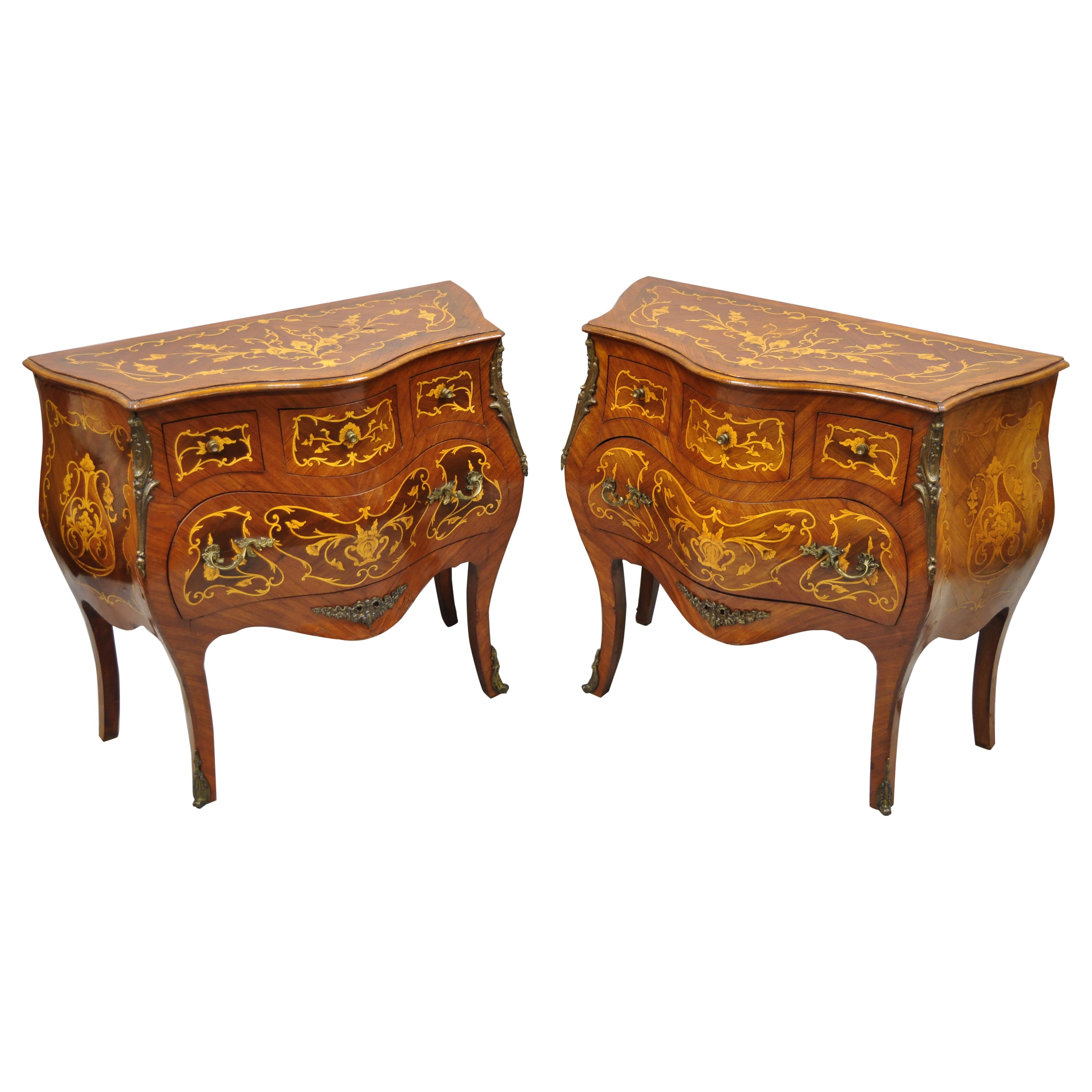 French Louis XV Styl Marquetry Inlay Bombe Commode Chest Bedside Table, a Pair