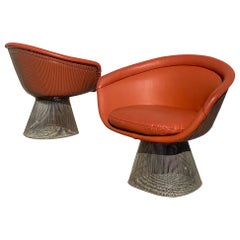 Warren Platner Chairs for Knoll, Nickel Frames, Orange Leather Upholstery, Pair