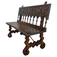 19th Century Spanish Renaissance Carved Walnut Bench Banquette "Escaño"