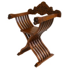 Antique Italian 19th Century Renaissance Revival Savonarola Chair in Walnut Side Chair