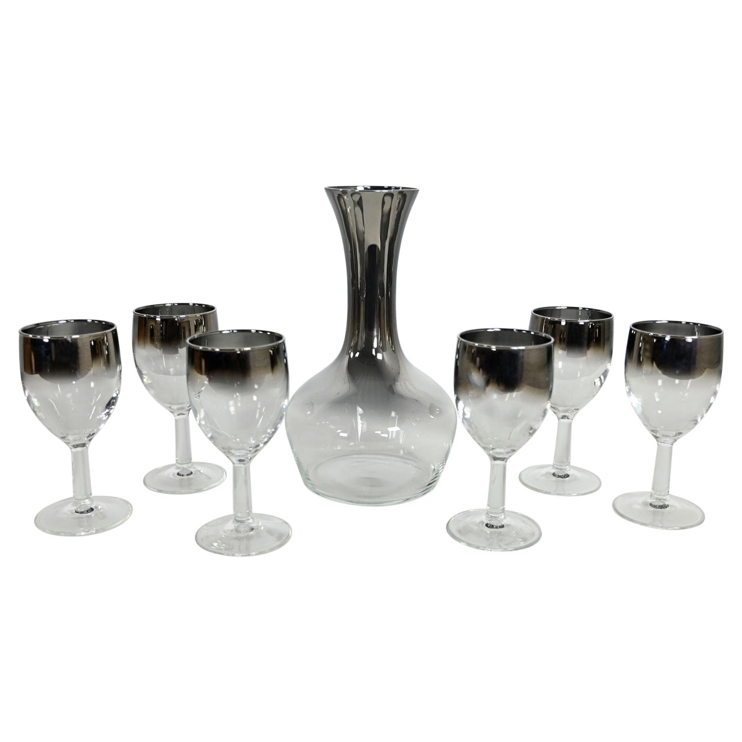 Vintage Wine Carafe and 4 Glasses Silver Ombre Silver Fade Decanter Wedding Gift Mid Century Barware