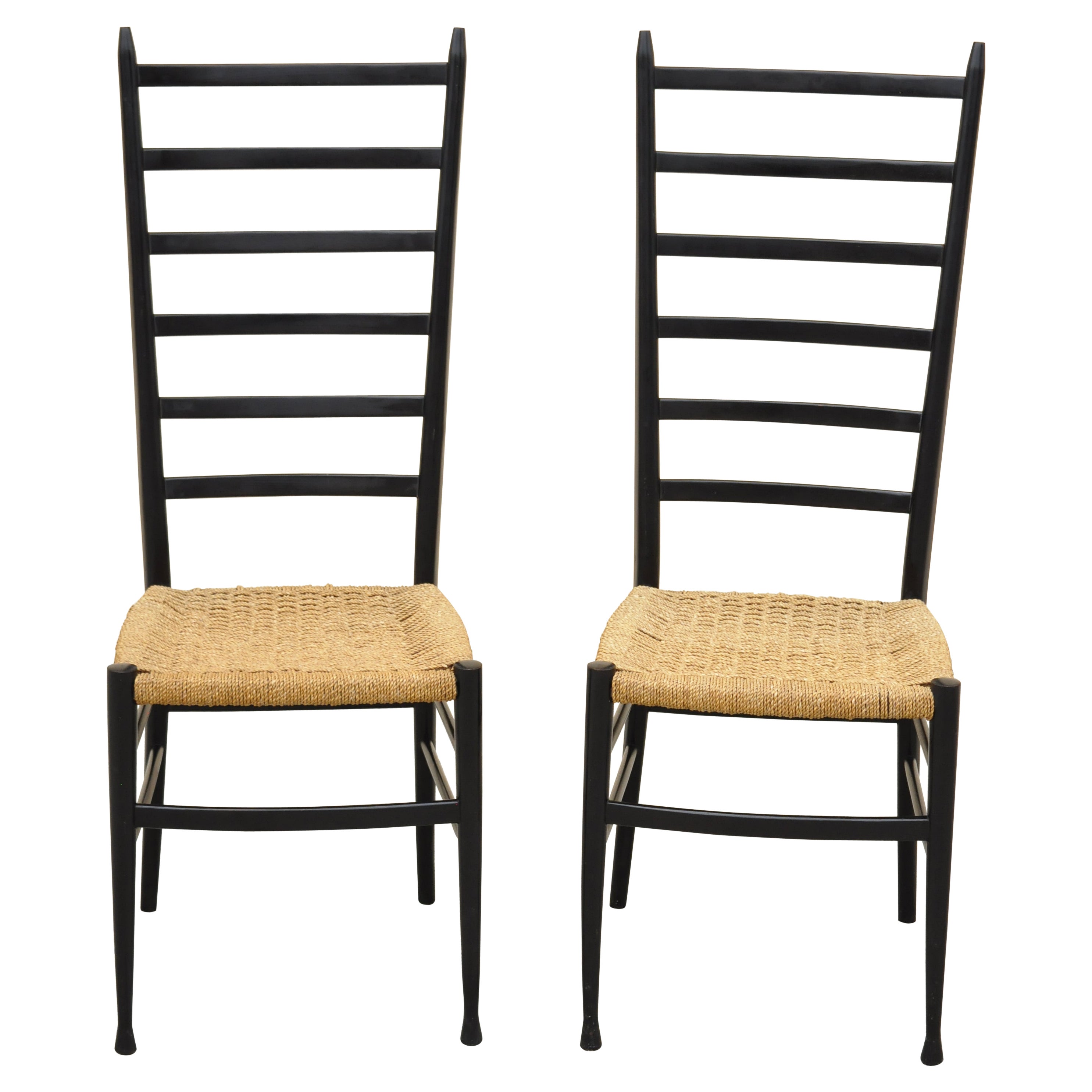 Italian Gio Ponti Style Ebonized Black Tall Ladder Back Rope Seat Chair, a Pair