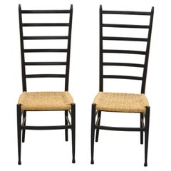 Italian Gio Ponti Style Ebonized Black Tall Ladder Back Rope Seat Chair, a Pair