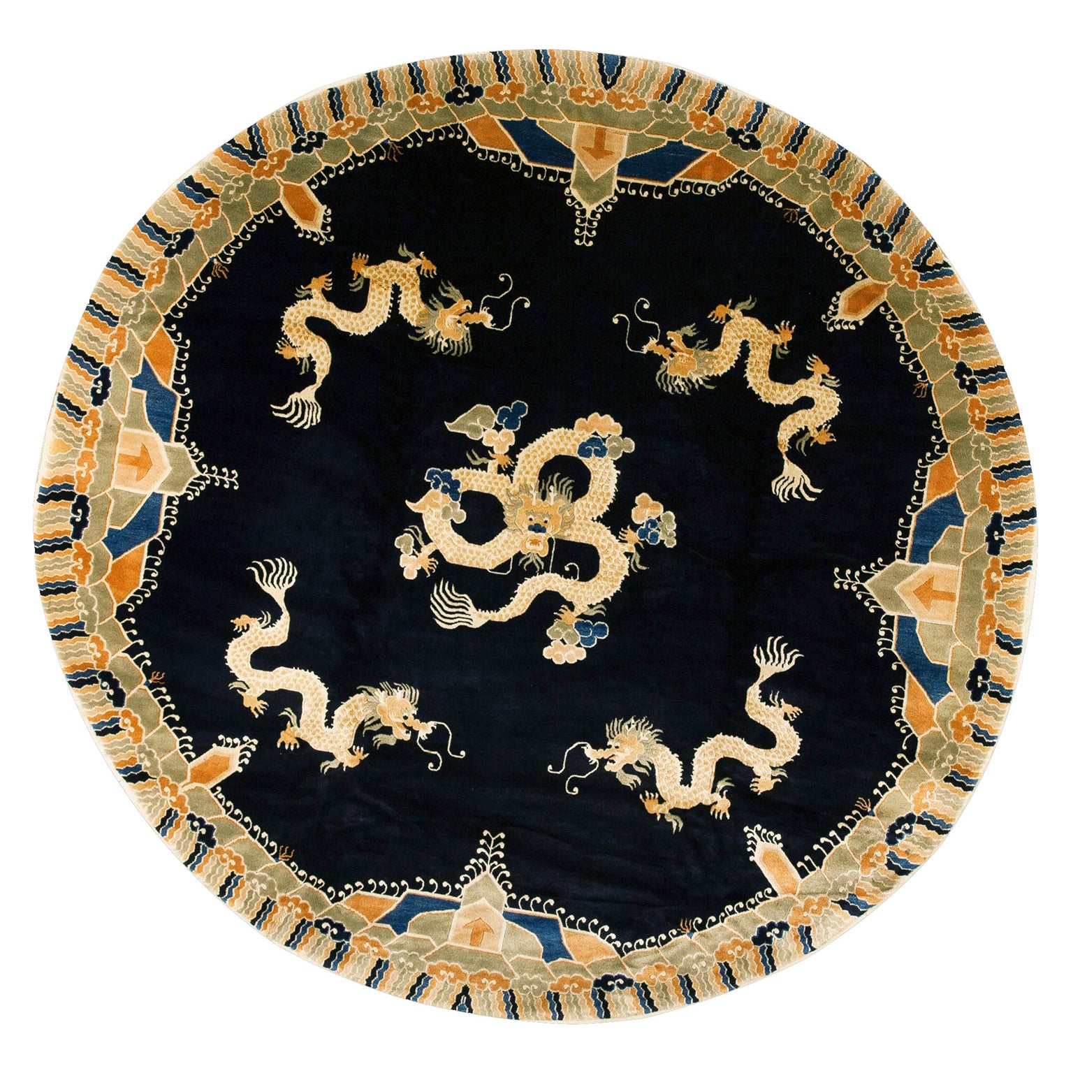 Vintage 1980s Round Chinese Peking Dragon Carpet 8' R